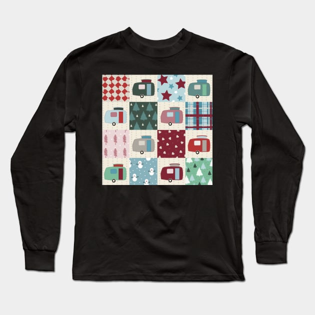 Colourful Winter Patchwork of Vintage Caravans Long Sleeve T-Shirt by NattyDesigns